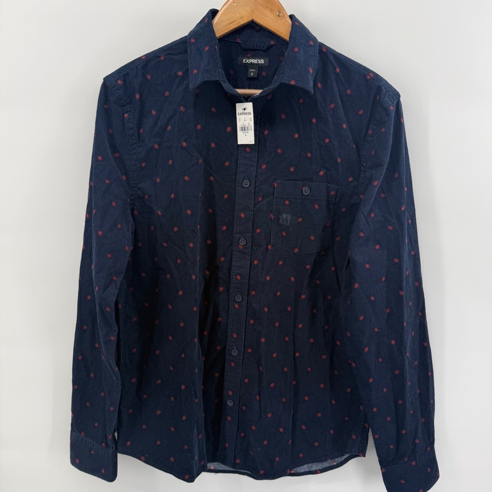 Express Mens Navy Blue Red Floral Corduroy Button Down Shirt Small NWT